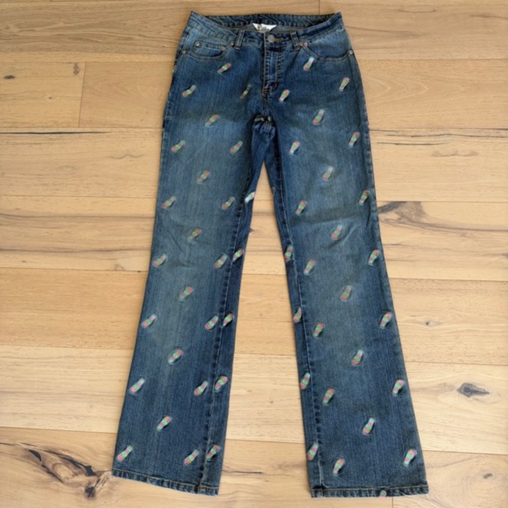 Lilly Pulitzer Vintage Flip Flop Embroidered Jeans Medium Wash‎ Bootcut Womens 6
